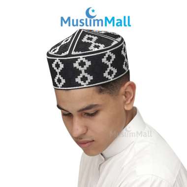 The Kufi Motif Batik Tenun Lombok Peci Muslim Pria - Hitam Bordir Silver M Hitam