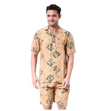 Hamlin Deon Piyama Pria Kemeja One Set Lengan Pendek Motif Mozaik Material Rayon ORIGINAL - Cream L
