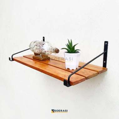 LADIN rak buku dinding besi dan kayu minimalis vintage kuno es sepatu - Cokelat 30Cm TERBAIK Multico