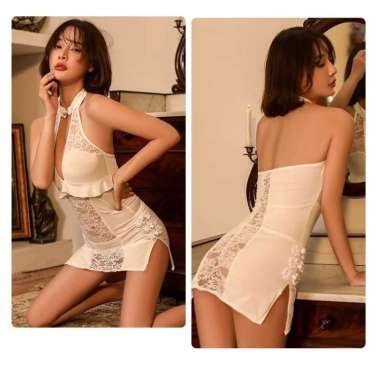 Sexy V-Neck Cheongsam kostum Cosplay Lace satin transparan Bodysuit Ho FREE Putih
