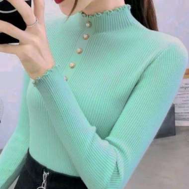 Baju Rajut Wanita Sweater Rajut Korea Daisy Kancing Mutiara Turtleneck kriwil Toska