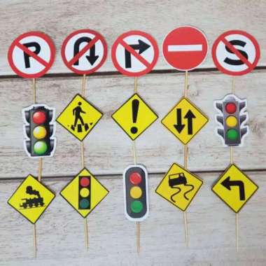 satu set cake topper toper hiasan kue ulang tahun karakter rambu rambu lalu lintas traffic sign traf