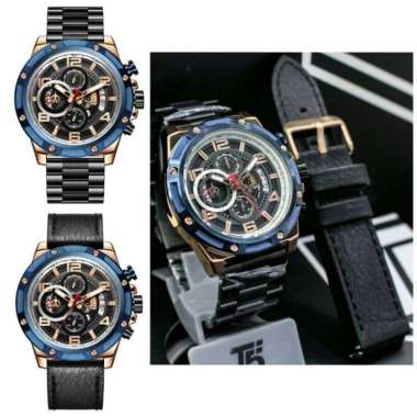 Jam Tangan Fashion T5 H3706 jam tangan pria original strap rantai free tali kulit T5 H 3706 Hitam ro