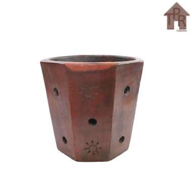 Gerabah Natural Pot Tanah Liat - Pot Segi 8 Bolong Ornamen Matahari D25