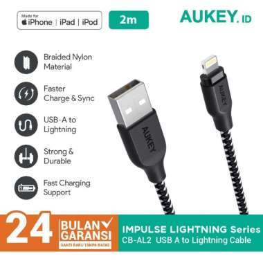 Aukey CB-AL2 Braided Nylon Lightning Cable 2M Original Garansi Resmi Aukey Hitam