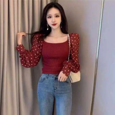 Sexy Slim Baju Rajut Import Sabrina Polkadot Knitwear Lengan Panjang Red