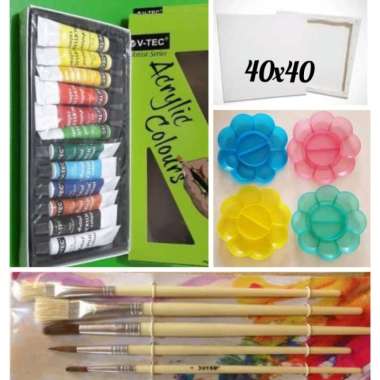 Paket Kanvas/Canvas Lukis 40X40(Canvas.Cat Akrilik.Palet.Kus) Multicolor