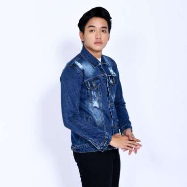 Emoline Biowash Ripped Denim Jacket Men - Jaket Jeans Sobek Pria Biru Tua Biowash XL