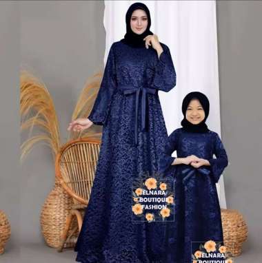 Gamis Couple Ibu dan Anak Perempuan Pesta Gamis Brukat Kekinian Baju Lebaran Merissah - Elnara Mom 2XL -Girls 4-5 Thn Navy