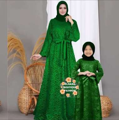 Gamis Couple Ibu dan Anak Perempuan Pesta Gamis Brukat Kekinian Baju Lebaran Merissah - Elnara Mom M/L-Girls 6-7Thn Hijau