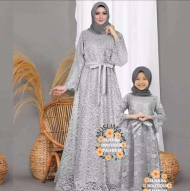 Gamis Couple Ibu dan Anak Perempuan Pesta Gamis Brukat Kekinian Baju Lebaran Merissah - Elnara Mom 2XL -Girls 6-7 Thn Silver