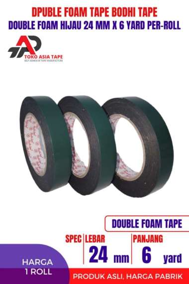 DOUBLE FOAM TAPE / DOUBLE TAPE BUSA HIJAU 24MM X 6YARD BODHI TAPE 1 ROLL HIJAU