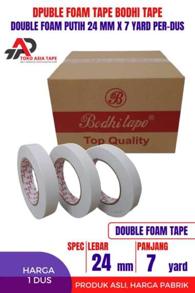 DOUBLE FOAM TAPE / DOUBLE TAPE BUSA PUTIH 24MM X 7YARD BODHI TAPE 1 DUS PUTIH