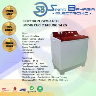 POLYTRON PWM-1402R MESIN CUCI 2 TABUNG 14 KG (NEW) (KHUSUS BANDUNG)