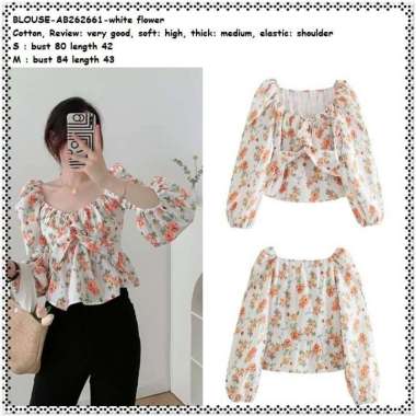 AB262661 Baju Atasan Sabrina Blouse Bunga Wanita Korea Import Putih
