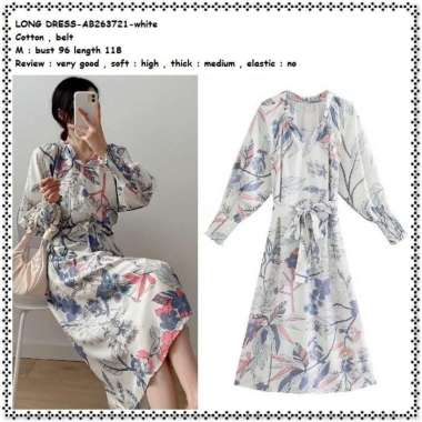 AB263721 Long Dress Bunga Lengan Panjang Wanita Import Tunik Putih