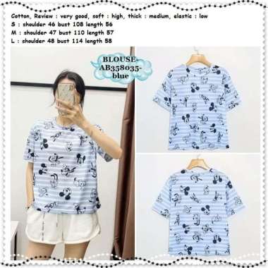 AB358035 Baju Atasan Wanita Kaos Biru Garis Miki Mickey Mouse Import