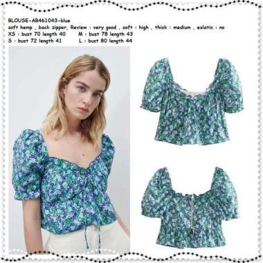 AB461043 Baju Atasan Bunga Wanita Crop Top Blouse Korea Import Biru