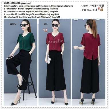 AB538253 Setelan Baju Atasan Celana Kulot Wanita Korea Merah Hijau