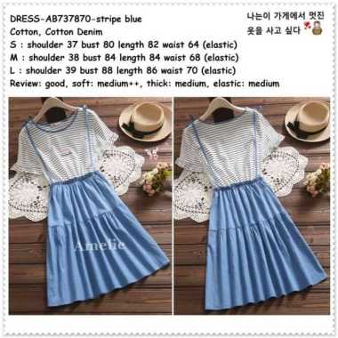 AB737870 Casual Mini Dress Denim Wanita Korea Import Garis Putih Biru