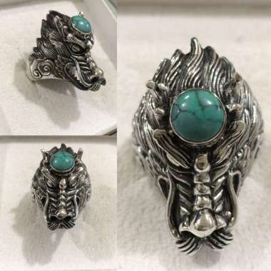 Cincin Ring Perak Silver Bali Asli 925 Ukir Kepala Naga Dragon 3D Besar Batu pirus turquise Pria Lak
