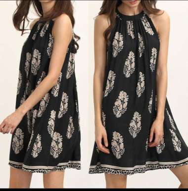 Dress Mini Casual longgar tanpa lengan motif bunga Navy - S