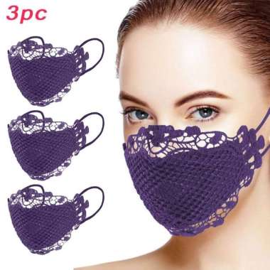 Masker Kain 3Pcs Brukat Lace Fashionable Wanita Dewasa Pesta Kondangan 3 Ungu