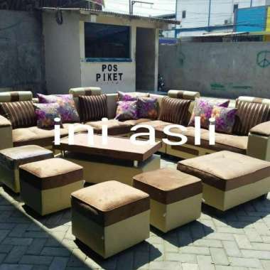 Sofa Eksklusif Sudut Jumbo U + Puff Davinci Minimalis + Meja Cokelat