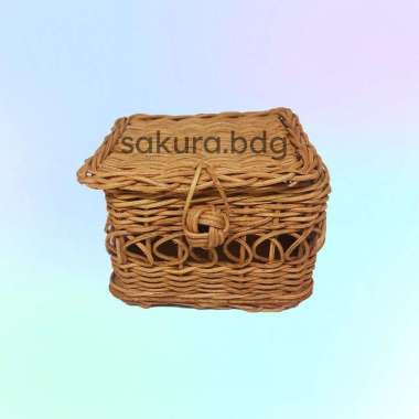 K90XS - Keranjang rotan tutup kotak kecil XS 14x14x10 cm alas triplek Cokelat Lubang