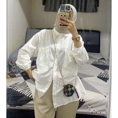 CANTIK ATASAN BAJU WANITA OUTFIT OOTD / BLOUSE KEMEJA KERUT VIRAL Putih