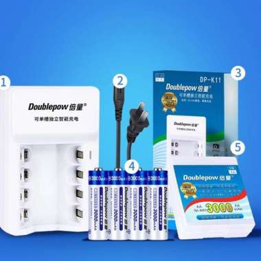 DOUBLEPOW Charger Baterai 4 slot for AA/AAA with 4 PCS AA Battery 3000
