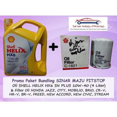 Paket Bundling Oli SHELL HELIX HX6 10W-40 API SN Original 4 Liter & Filter Oli Mobil HONDA BRIO & BR