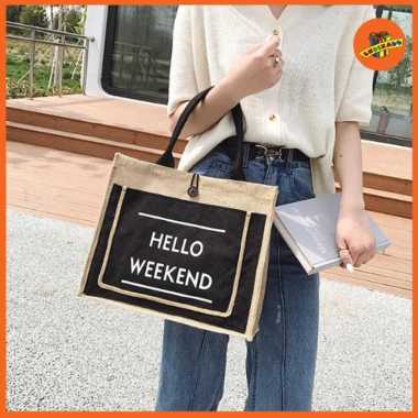 MAKASSAR! TOTE BAG KANVAS HELLO WEEKEND - Tas Fashion Wanita
