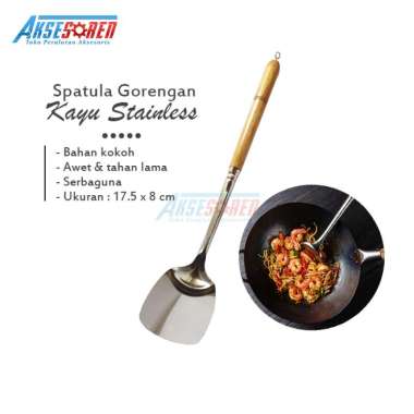 Spatula Masak Anti Panas Gagang Kayu / Sodet / Susruk / Susuk Penggorengan Kayu / Sutil Stainless /
