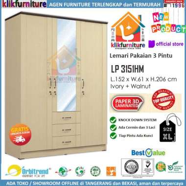 Lemari Pakaian 3 Pintu Kaca Size JUMBO LP3151HM