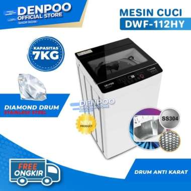 Denpoo DWF-112 HY Stainless Steel Inner Tub Full Auto Mesin Cuci [7 Kg] Unit Only WhiteBlack JABODET
