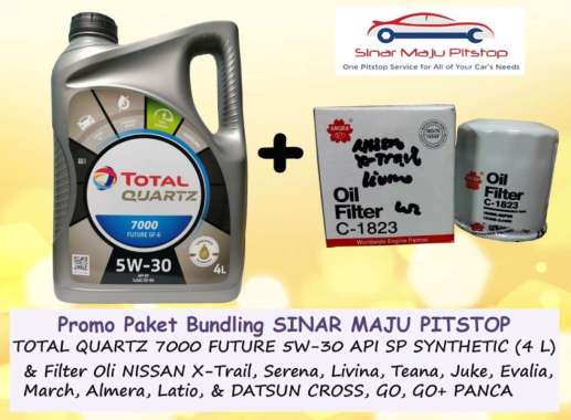 Paket Bundling Oli TOTAL QUARTZ 7000 SAE 5W-30 API SP SYNTHETIC 4 Liter & Filter Mobil DATSUN GO HAT