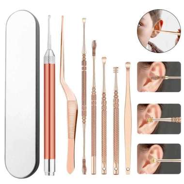 Pembersih Telinga Korek Kuping Ear Spoon LED 7 PCS Cotton Bud Stainles