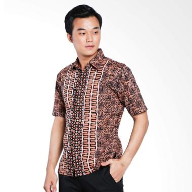 Batik Huza Hem Katun Cap M Batik Kemeja Pria - Cream Dark Brown