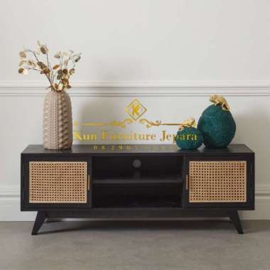 Buffet tv rotan kayu jati terbaru, meja tv kayu jati kombinasi rotan