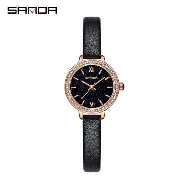 SANDA 1095 Jam Tangan Wanita Analog Tali Kulit Hitam Hitam