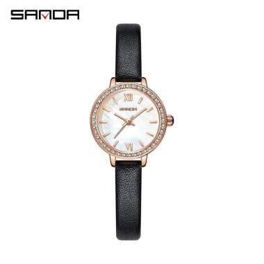 SANDA 1095 Jam Tangan Wanita Analog Tali Kulit Hitam Silver