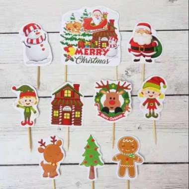 satu set cake topper toper nasi tumpeng hiasan kue tema selamat hari natal merry christmas mix