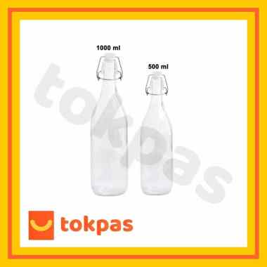 Botol Kaca Bening Korken Tempat Air Minum Susu Dengan Tutup Kait Anti Tumpah 500 ml