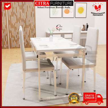 Meja Makan Marmer 4 Kursi Rangka Stainless|Dining Table Minimalis set Putih