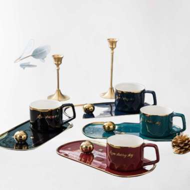 Cangkir Keramik | Ceramic Plate Set Love Starry Sky |Gelas & Tatatakan HITAM