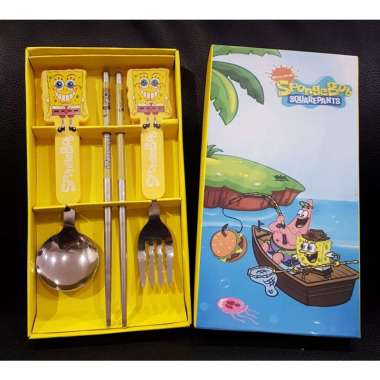 Sendok Set Makan Anak Karakter Lucu - Set Sendok Garpu & Sumpit Karakter Spongebob
