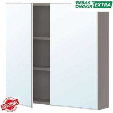 Rak Lemari Kaca Cermin Dinding Kamar Mandi 2 Pintu 80x17x75cm_Full Abu