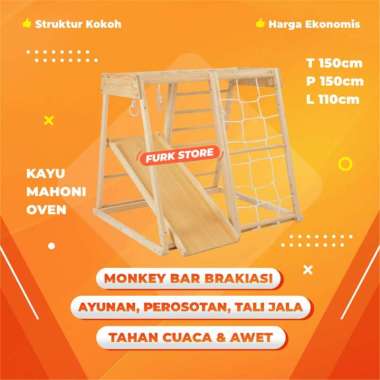 Monkey Bar Brakiasi Anak, Ayunan Taman TK, Perosotan Kayu, Tali Tambang Outdoor