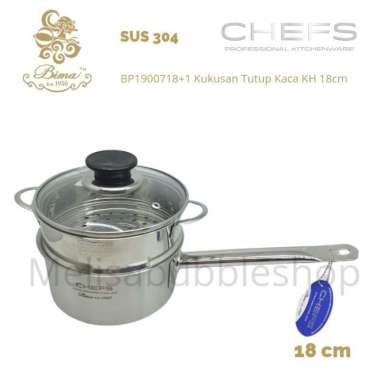 Bima Chefs Shallow Saucepan+1 Kukusan Tutup Kaca KH 18cm 3ply Sus 304 Panci Rebus Sauce Pan Induksi 